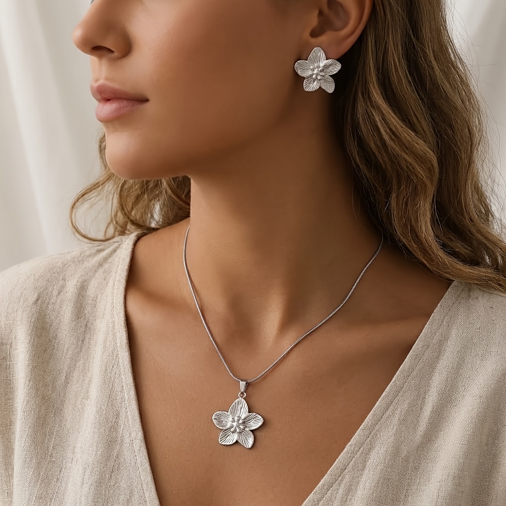 2pcs 316L Stainless Steel Flower Jewelry Set, Vintage Style